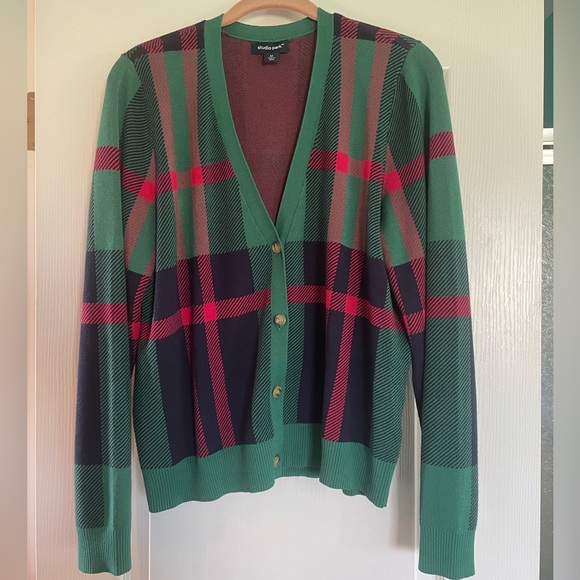 NWT Studio Park x Alberti Popja Women’s Festive Plaid Cardigan medium - Picture 2 of 4